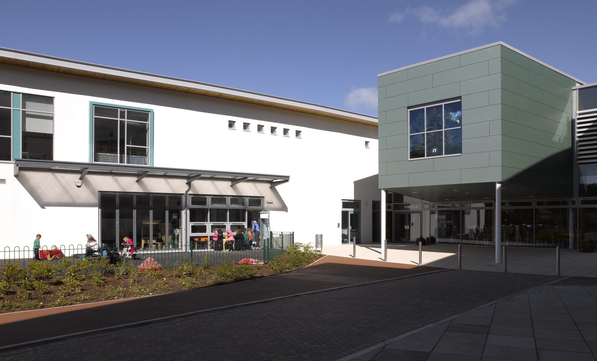 An integrated nursery and primary extension to create an 'all through age' academy for Bradford. Exterior view