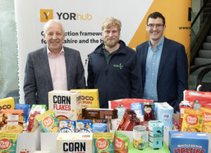 L-R David Flannigan of Tilbury Douglas with Adam Raffell York Foodbank Manager and Phil Henderson from YORhub.