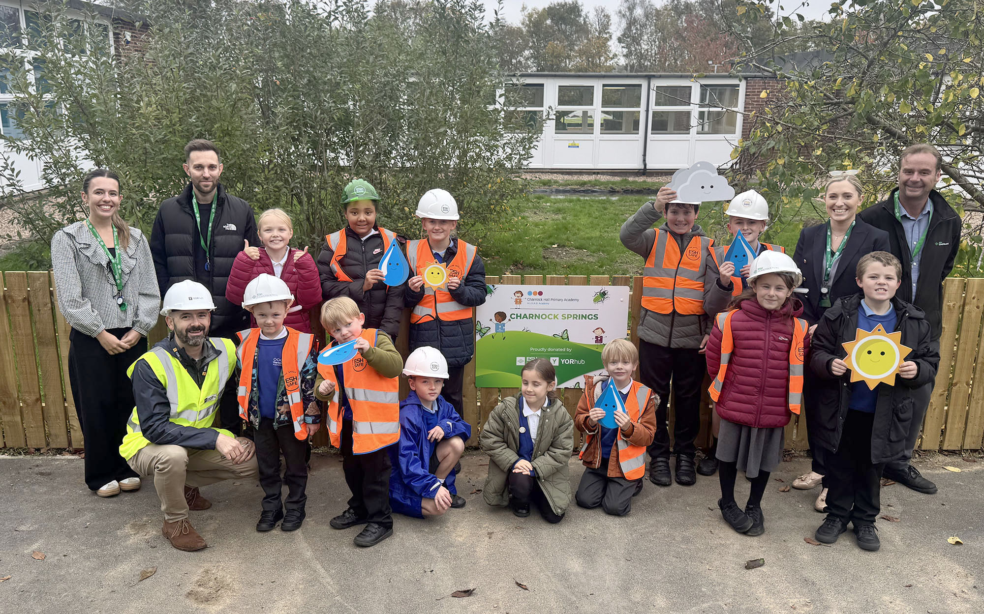 Charnock Hall School pupils with members of the Esh team and Gary Wright from YORhub