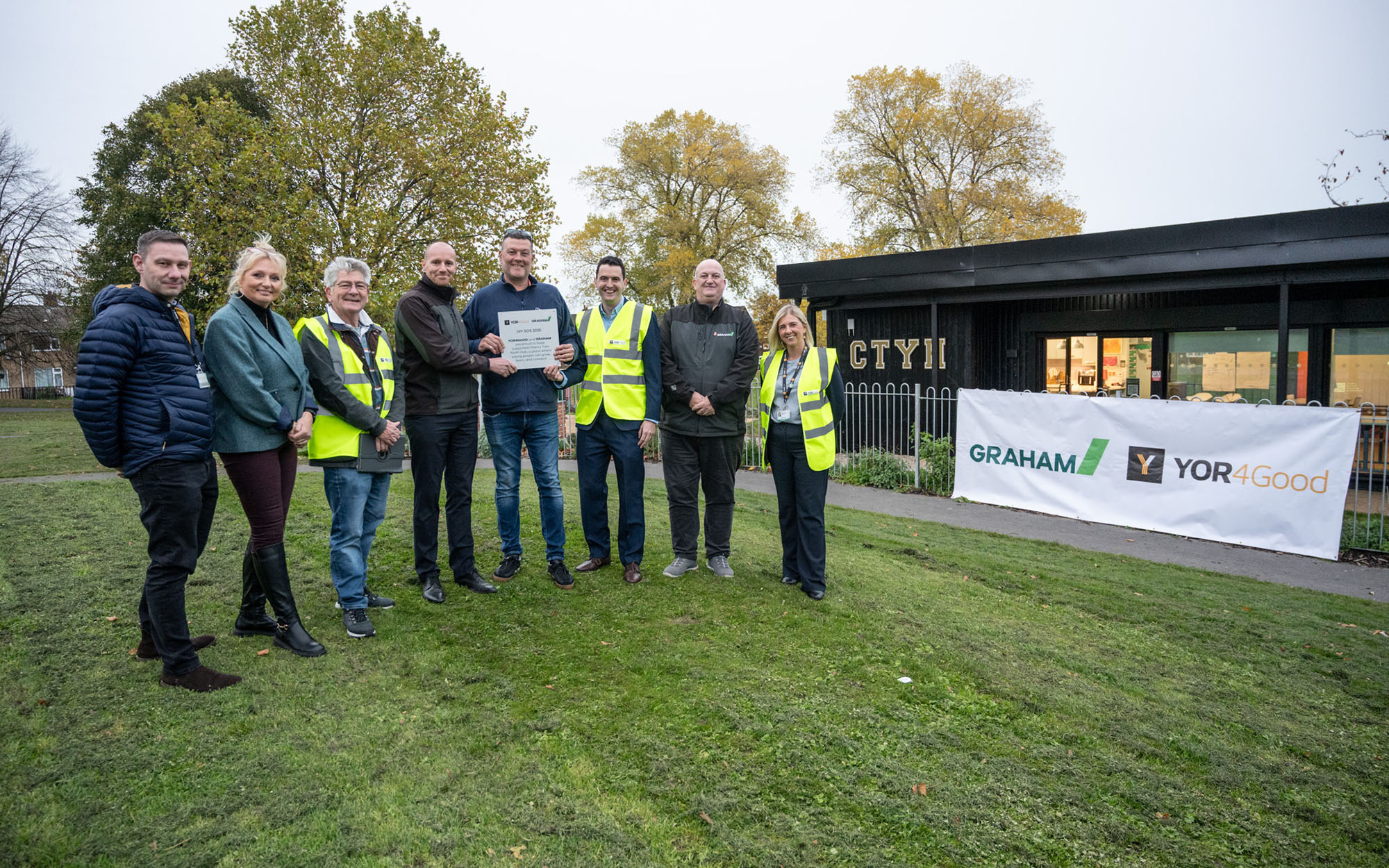 L to R outside the new facility - Andrew Humphrey, ERYC Project Manager; Jo Ramsay, Cherry Tree Manager; Stan Brown, YOR4Good Coordinator; Daniel Cawthra, GRAHAM Head of Stakeholder & Community Engagement; Tony Henderson, Cherry Tree Treasurer; Phil Henderson (no relation), YOR4Good Chair; James Stevenson, GRAHAM Contracts Manager; Stefanie Wright, YOR4Good Vice Chair