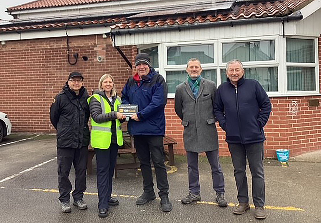 Left to right: Fergus Aitkin (Sustainable Ferriby CIC) Stefanie Wright (YOR4Good Vice Chair and YORcivil North and East Framework Manager), John Cogan (Ferriby Social Club Chair), Simon Hudson (Sustainable Ferriby CIC) and Philip Beal (East Yorkshire Solar)