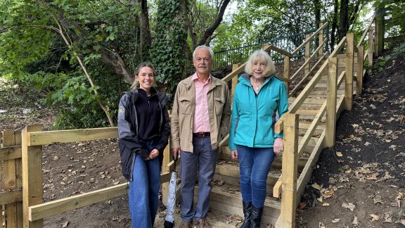L-R Rachel Hanlon, Social Value Co-Ordinator at Esh Construction; Max Rathmell, Chair of Spen Valley Civic Society; and Caz Goodwill, Secretary of the Friends of Spen BeckMann Dam.