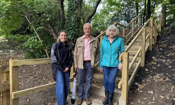 L-R Rachel Hanlon, Social Value Co-Ordinator at Esh Construction; Max Rathmell, Chair of Spen Valley Civic Society; and Caz Goodwill, Secretary of the Friends of Spen BeckMann Dam.