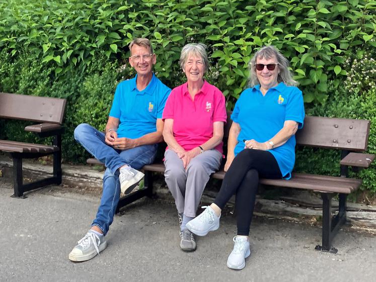 Salts Bowling Club Members Pete Holland, Debs Sandles and Pat Allison (middle), club secretary making use of the re-purposed benches