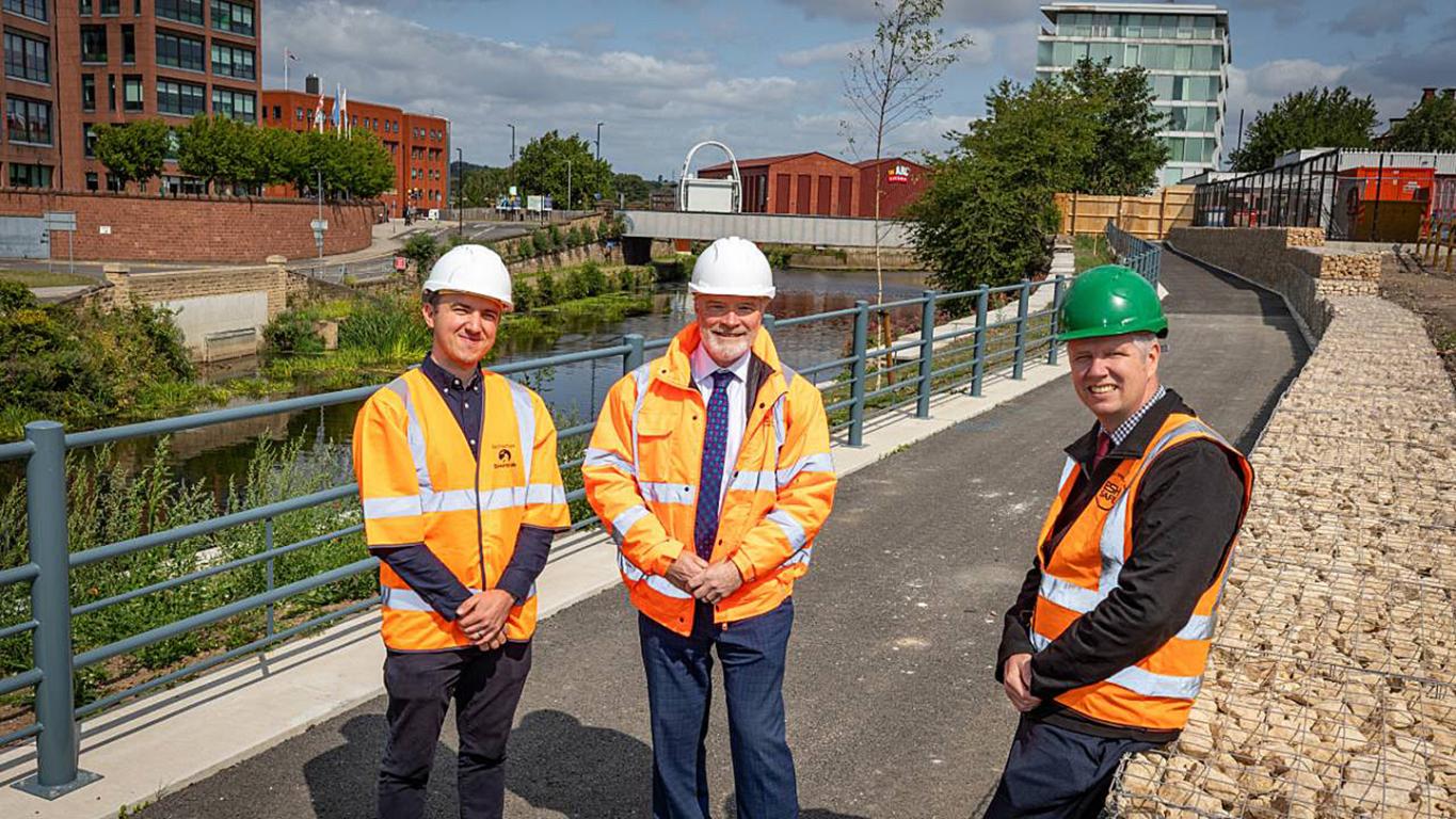 L-R Coun John Williams cabinet member for transport, jobs and the local economy at RMBC, Andrew Bramidge, strategic director for regeneration and environment at RMBC and Michael Sherrard, construction manager at Esh Construction and the new Rotherham river improvements