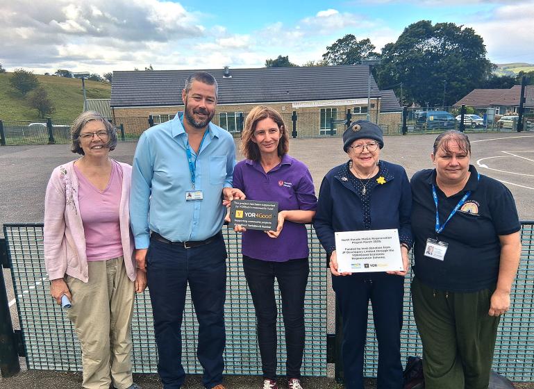 Left to right Cllr Claire Nash, Russell Page (JP Developers Ltd Social Value Manager), Cllr Karen McIntyre, Cllr Sheila Bentley and Emma Nicholson (Community Health Connector, Skipton Step Into Action) at the launch event